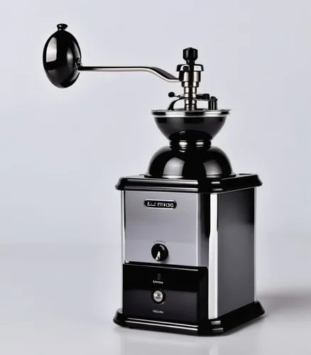 Coffee grinder，white background，Metallic paint on the body, bright electroplating on some parts,a coffeemaker that is being used as a grinder,retro kerosene lamp,radiometer,grammophon,kerosene lamp,ra