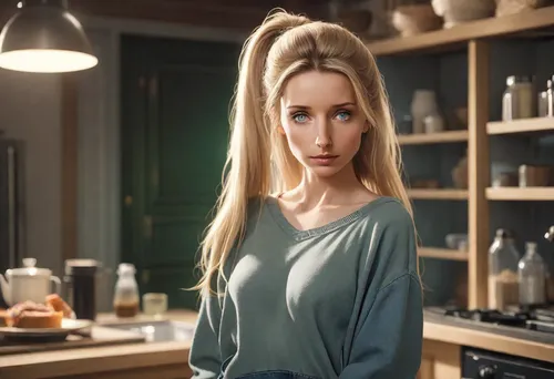 girl in the kitchen,blonde woman,blue jasmine,waitress,barista,visual effect lighting,poppy seed,blond girl,british actress,blonde girl,hair iron,the long-hair cutter,heineken1,realdoll,commercial,scandinavian style,poppy,natural cosmetic,barmaid,hairdresser