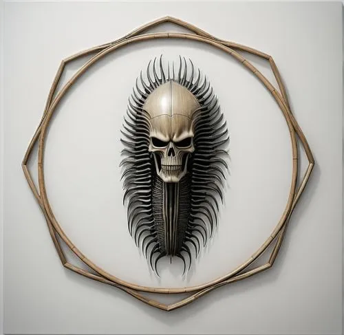 A frame made of wood against a white background,an alien head mounted on a wooden frame,emblem,car badge,heraldic shield,pioneer badge,insignia,trivium,Conceptual Art,Sci-Fi,Sci-Fi 02