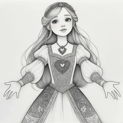 Accessibilité: partiellement conforme
The image features a black and white line drawing of a young girl with long hair, wearing a princess dress adorned with intricate patterns and a heart-shaped broo