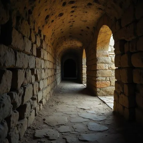 Catacumbas hechas comn huesos humanos,a tunnel leading into a dark room covered in bricks,umayyad palace,qasr azraq,qasr amra,vaulted cellar,porticus,crypt,Photography,General,Realistic