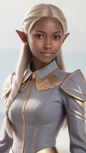 elf woman face model, suit,, angular cheekbones,  Strong and angular mandibule, smile,concept of african elf woman in beige suit,ororo,allura,violet head elf,male elf,danai,elf,Unique,3D,3D Character