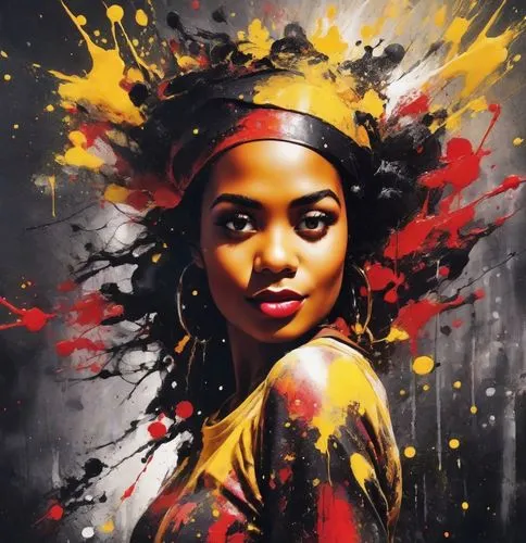 The image of black Woman with splashes of red, yellow and black paint, abstract art, vibrant colors, high contrast, modern art style, detailed features, dynamic composition, acrylic painting, high qua