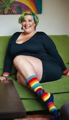 BBW (big beautiful woman), sexy mature lady, curvy figure, stuffed belly, tight clothes, cleavage, bright smile, colorful hair clips, striped socks, sandals, sitting on couch, living room, warm lighti