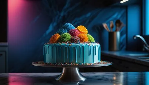 Delicious ai cake, futuristic dessert, glowing blue circuits, sweet creamy frosting, colorful sprinkles, metallic cake stand, sleek modern kitchen, marble countertop, spot lighting, 3/4 composition, s