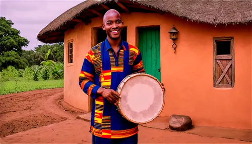 African man, Ghanaian, traditional clothing, Kente cloth, colorful patterns, bright smile, dark skin, shaved head, gold earrings, holding a drum, standing in front of a mud hut, natural surroundings, 