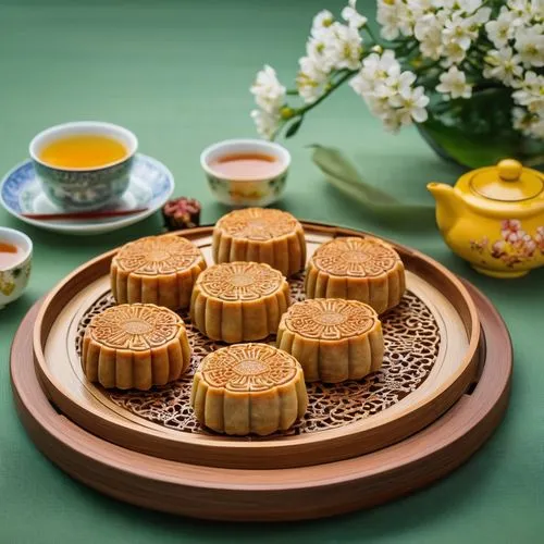 The image shows a wooden tray holding a delicate mooncake, a traditional Chinese pastry often associated with the Mid-Autumn Festival. The outer shell of the mooncake is golden yellow with intricate p