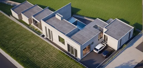 Aerial view of a modern house. Concrete facade. ,3d rendering,modern house,inverted cottage,house roofs,folding roof,roof panels,cubic house,modern architecture,flat roof,eco-construction,render,resid