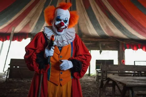 Desantis clown, creepy smile, red nose, white face paint, colorful wig, oversized shoes, bright orange costume, ruffled collar, holding a squirt gun, standing in a dimly lit abandoned circus tent, old