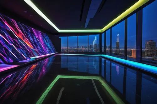 futuristic art museum,glass wall,colored lights,hypermodern,futuristic architecture,vdara,electroluminescent,flavin,ultramodern,colorful light,cyberview,futuristic landscape,ufo interior,neon arrows,light trail,tron,dichroic,neon light,light paint,skywalks,Illustration,Abstract Fantasy,Abstract Fantasy 02