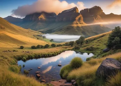 Drakensberg peaks, majestic mountain range, South Africa, misty atmosphere, rugged landscape, rocky cliffs, snow-capped peaks, evergreen trees, winding hiking trails, serene lakes, reflections of moun