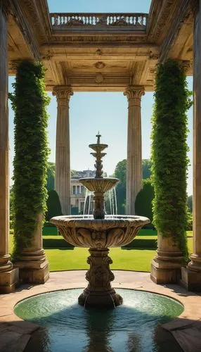 Neoclassical building, grandiose, ornate details, marble columns, intricate carvings, symmetrical facade, majestic entrance, stone statues, elegant fountain, lush greenery, vibrant flowers, sprawling 