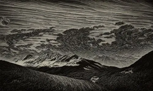 matruschka,mountain scene,volcanic landscape,mountains,the landscape of the mountains,the spirit of the mountains,mountainous landscape,mountain landscape,high mountains,charcoal drawing,volcanism,esc