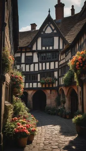 Shrewsbury, medieval town, historic architecture, half-timbered buildings, Tudor style, steeply pitched roofs, multi-paned windows, ornate wooden doorways, cobblestone streets, charming alleyways, vib