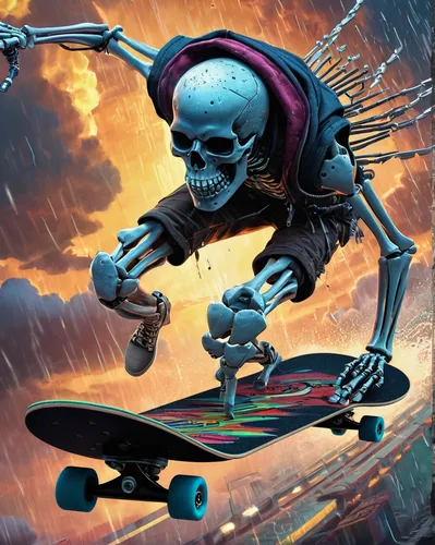 conceptual art, close-up of a skeleton going down very quickly on a skateboard, expressive, muted colors, hyper-realistic, all made up of sun and storm clouds, with multi-colored rain, dream or nightm