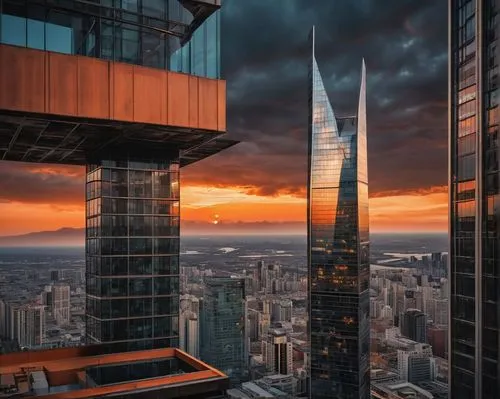 Futuristic, Q-shaped skyscraper, gleaming metallic surface, reflective glass, neon lights illuminating the edges, sharp angular lines, towering high-rise building, bustling cityscape, evening sunset, 