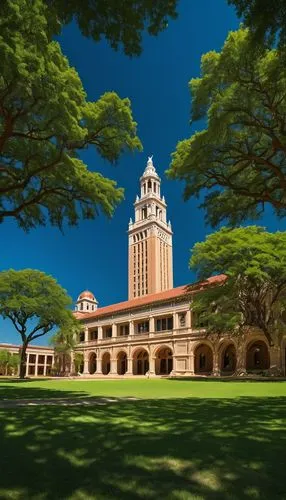 University of Texas, Austin campus, Beaux-Arts style, grandiose architecture, red brick facade, white stone columns, intricate carvings, clock tower, sprawling green lawn, mature trees providing shade