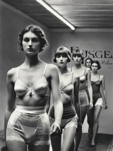 A few models on the catwalk, presenting underwear,vintage black and white pograph of models on runway,courreges,negligees,mannequins,marienbad,model years 1960-63,doisneau,Photography,Black and white 