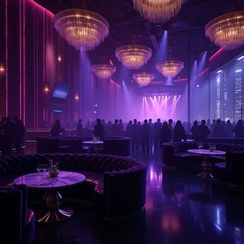 Luxurious nightclub, dark purple amethyst accent walls, velvet drapes, crystal chandeliers, VIP lounge area, plush couches, marble tables, metallic silver legs, glossy black floors, dimly lit, spotlig