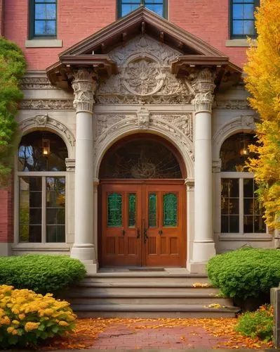 Historic architecture, Oregon Foundation, grand stone building, ornate details, columned entrance, stained glass windows, green roof, ivy crawling up walls, autumn leaves, sunny day, soft natural ligh