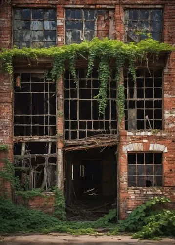 Rustic old warehouse, abandoned industrial site, New Haven, worn brick walls, distressed wooden beams, metal roofing, overgrown with vines, broken windows, scattered debris, afternoon sunlight filteri