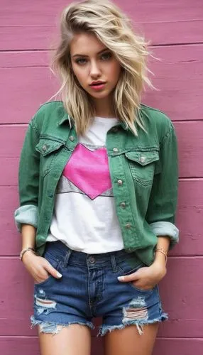 jeans background,pink background,denim background,jean jacket,cool blonde,denim jacket,jean shorts,denim,in a shirt,colorful background,barbie,blonde girl,blonde woman,gap,grunge,colorful,short blond hair,model,girl in t-shirt,teen,Conceptual Art,Fantasy,Fantasy 10