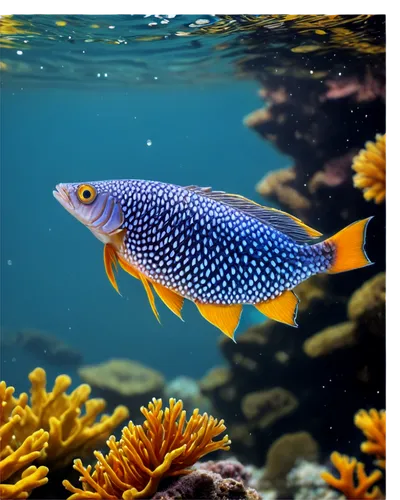 Freshwater fish, swimming near coral reef, bright orange body, blue stripes, large fins, shiny scales, clear water droplets, morning sunlight, soft focus, close-up shot, 3/4 composition, vibrant color