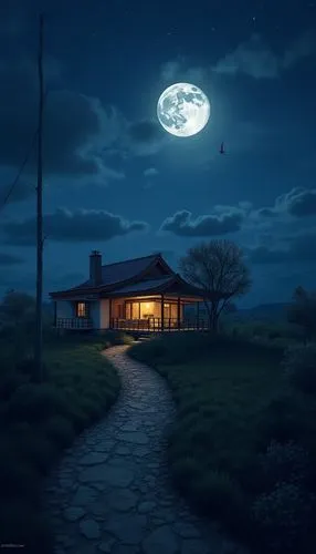 lonely house,moonlit night,night scene,dreamhouse,home landscape,world digital painting,Illustration,Vector,Vector 03