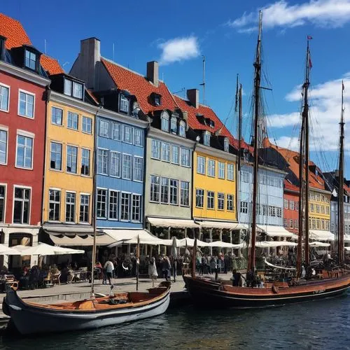 Copenhagen Denmark architecture, Nyhavn harbor, colorful townhouses, medieval narrow streets, Rosenborg Castle, botanical garden, grand fountain, Tivoli Gardens amusement park, City Hall Square, Rådhu