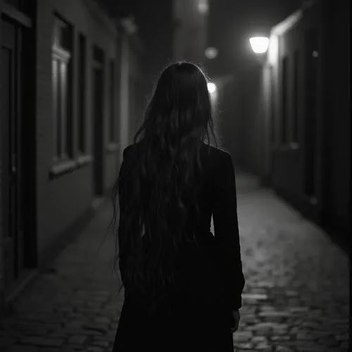 girl walking away,dark portrait,girl in a long dress from the back,woman walking,woman silhouette,noir,oscura,darkness,oscuro,alley,nacht,alleyway,in the dark,llorona,ruelle,girl from the back,isoline,girl from behind,film noir,darkly,Photography,Documentary Photography,Documentary Photography 11