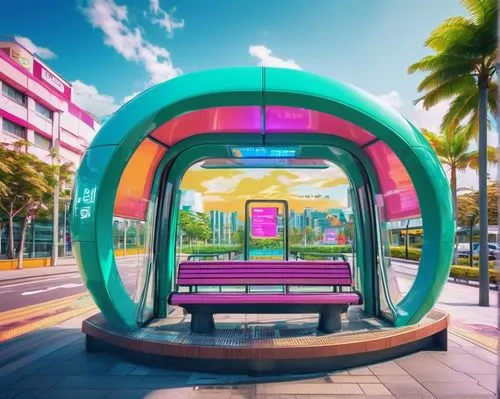 Modern bus stop, futuristic curved roof, stainless steel pillars, glass walls, LED lights, digital display screens, real-time bus schedule, comfortable seating area, green plants, wooden benches, urba