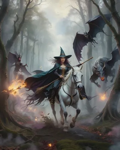 Realistic scene where we can see a fight between a witch and two vampires. The powerful witch is dressed in a flowing black robe and a pointed hat rides on a white horse through a dark and gloomy fore