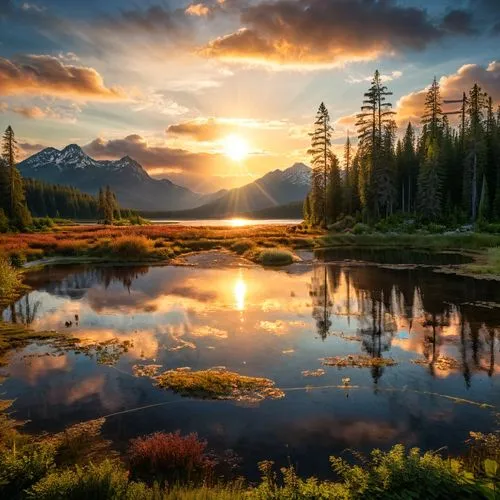 lake , sunset , large sun disk , forest , mountains , clouds ,a view of the sun coming over a mountain,landscape background,nature wallpaper,beautiful landscape,nature background,salt meadow landscape