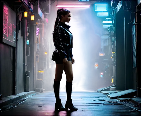 noir,cyberpunk,bladerunner,alley,fujiko,alleyway,girl walking away,femme fatale,motoko,neon light,neon lights,birds of prey-night,animatrix,retro woman,dazzler,shumeiko,soho,neon body painting,nightlife,catwoman,Illustration,Realistic Fantasy,Realistic Fantasy 12