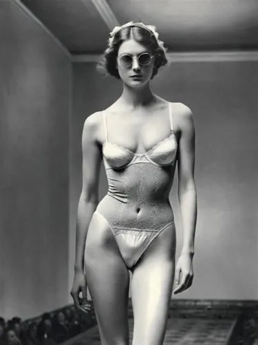 Claire on the catwalk, presenting underwear,a woman in a  with no panties,blumenfeld,jane russell-female,weissmuller,ingrid bergman,rossellini,kertesz,Photography,Black and white photography,Black and