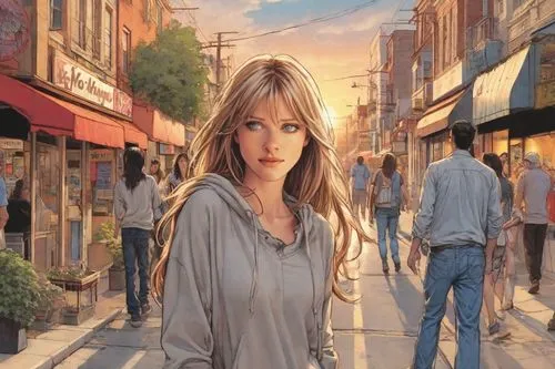 girl walking away,woman walking,blonde woman,girl in a long,the girl at the station,blue jasmine,street scene,woman at cafe,blonde girl,pedestrian,city ​​portrait,blond girl,a pedestrian,oil painting,shopping street,woman shopping,oil painting on canvas,the girl's face,paris cafe,paris shops,Digital Art,Comic