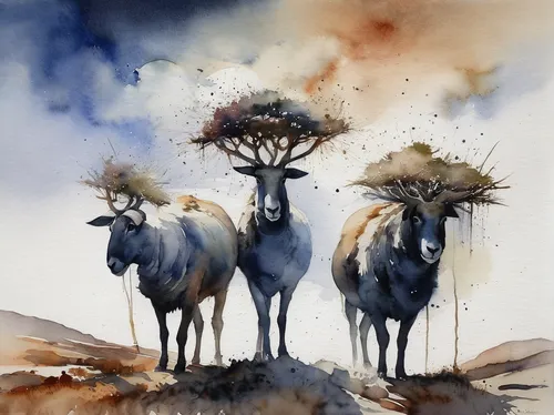 The Shepherds Watercolour Painting 52 5 37 Cm By Hamid Javadi Art Teaches You The Philosophy Of Life It Shows Y Painting Art Watercolour Painting,wild sheep,antelopes,whimsical animals,cameroon sheep,