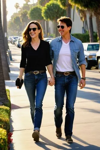 Jennifer Garner, Tom Cruise, Hollywood stars, couple, romantic, walking, hand in hand, casual wear, jeans, white T-shirt, sunglasses, smiling, laughing, sunny day, Los Angeles, Beverly Hills, palm tre