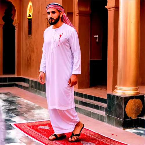 Official Arab man, mature, beard, mustache, white thawb, golden embroidery, red keffiyeh, agal headband, brown leather sandals, confident pose, standing, majestic, warm lighting, shallow depth of fiel