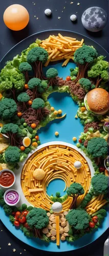 settlers of catan,food collage,mushroom landscape,inner planets,circular puzzle,vegetables landscape,hamburger plate,mushroom island,food platter,solar system,astrology,orrery,food table,à la carte food,platter,cornucopia,saturnrings,copernican world system,cheese wheel,planetary system,Conceptual Art,Sci-Fi,Sci-Fi 10