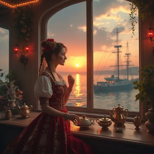 belle,romantic portrait,girl on the boat,scarlet sail,romantic scene,fantasy picture,Photography,Fashion Photography,Fashion Photography 04