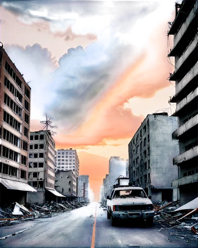 Post-apocalyptic scene, destroyed cityscape, skyscraper ruins, broken glass, shattered concrete, twisted metal beams, dark clouds, fiery sky, ash-covered streets, abandoned vehicles, barbed wire, rubb