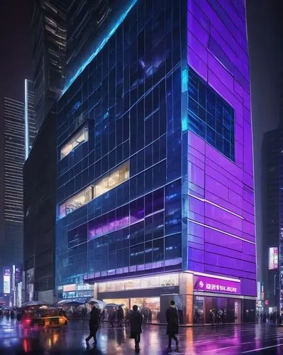 Modern architecture, futuristic building, sleek lines, angular structure, metallic materials, glass façade, LED lights, urban cityscape, night view, Tokyo skyscraper, busy street, pedestrians walking 