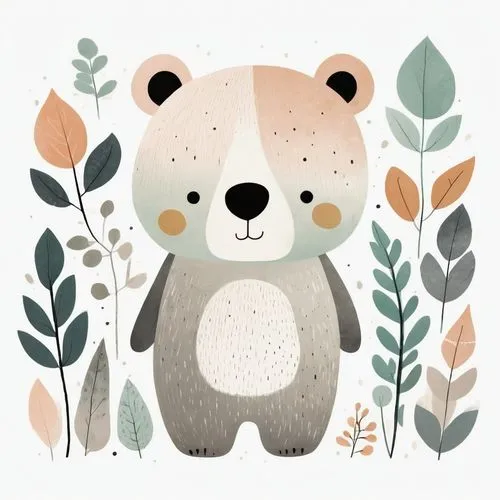 A cute bear clipart, organic forms, in the style of Jon Klassen, desaturated light and airy pastel color palette, nursery art, white background
,cub,bear,forest animal,bear cub,little bear,scandia bea