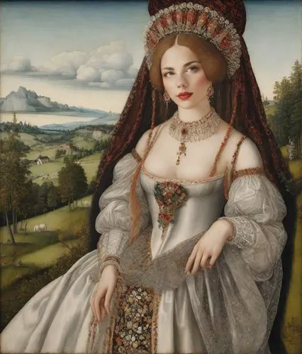 portrait of a noble woman, painting <class> Lucas Cranach the Elder "Judith" | on the head is a richly decorated and large wide-brimmed, horizontally asymmetrical red-brown headdress with slits and wh