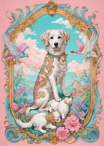 canine rose,flower animal,rococo,dog illustration,dog angel,pet portrait,chinese imperial dog,on a transparent background,dog frame,bichon frisé,pup,color dogs,portrait background,floral frame,floral background,kawaii animal patch,vintage china,blonde dog,oriental painting,kawaii animals,Conceptual Art,Fantasy,Fantasy 24