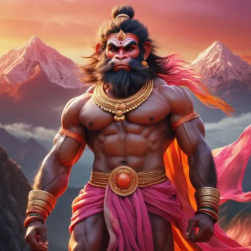 Hindu god, Hanuman, muscular male, strong facial features, red skin tone, white fur, flowing beard, golden earrings, sacred thread, loincloth, bare chest, powerful legs, standing heroically, Anjani mo