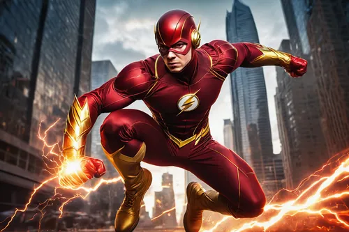 superhero, Flash Fist, dynamic pose, clenched fists, red and gold costume, lightning bolt emblem, muscular build, male, intense gaze, short spiky hair, cityscape background, skyscrapers, blurred motio