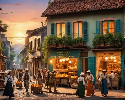 In the words "World's Speakeasy" - "Forest Community," the words below a group of cheerful villagers in hats and crates work diligently on a busy street corner, carrying goods arranged in uniform. The