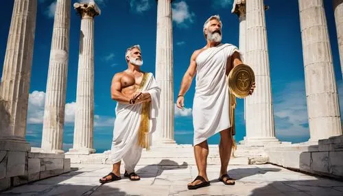 Greek god, bearded male, mature, strong physique, white toga, golden laurel wreath, holding compass, blueprints, standing, majestic pose, ancient Greek temple, Doric columns, marble floors, bright blu